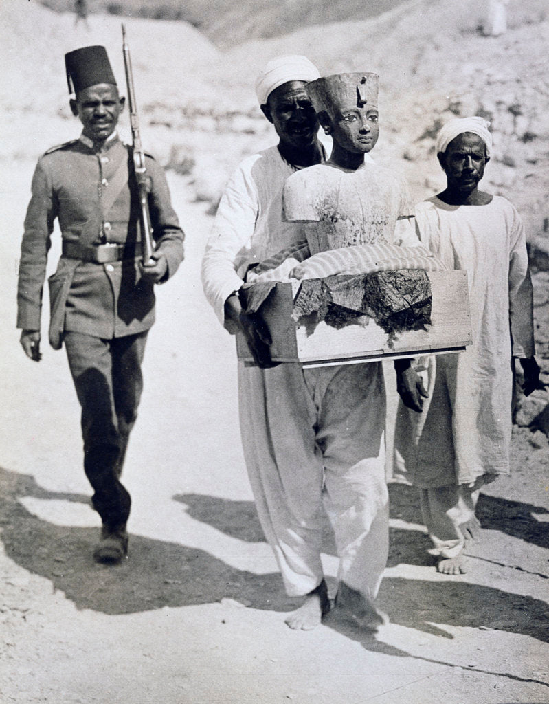 Detail of Mannequin or bust of Tutankhamun being carried from his tomb by Harry Burton