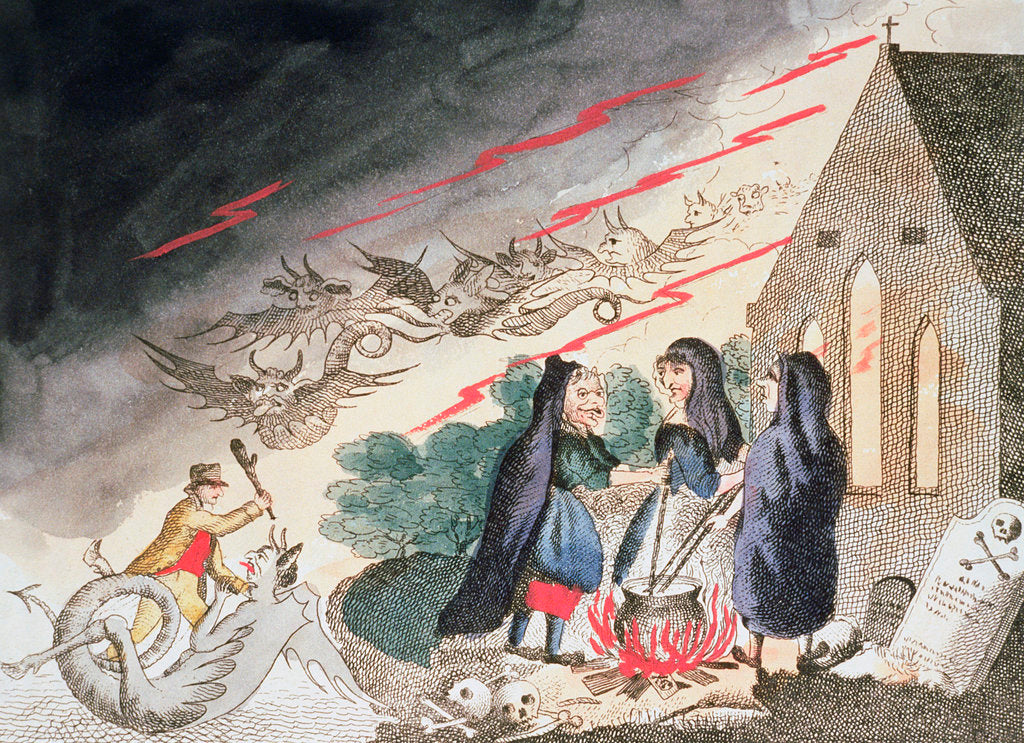 Detail of Three witches in a graveyard by Anonymous