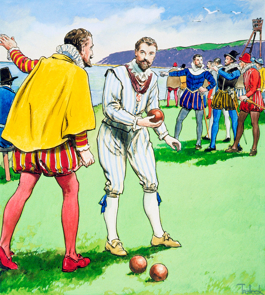 Detail of Sir Francis Drake playing bowls on Plymouth Hoe by Trelleek