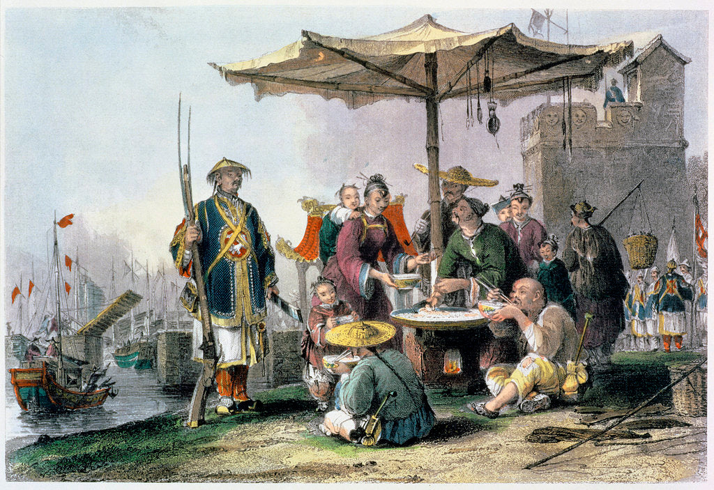 Detail of Rice Sellers at the Military Station of Tong-Chang-Too by Thomas Allom
