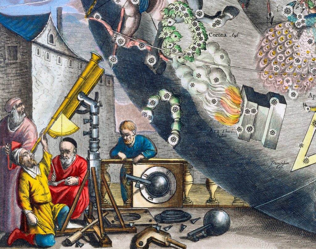 Detail of Astonomers looking through a telescope by Andreas Cellarius