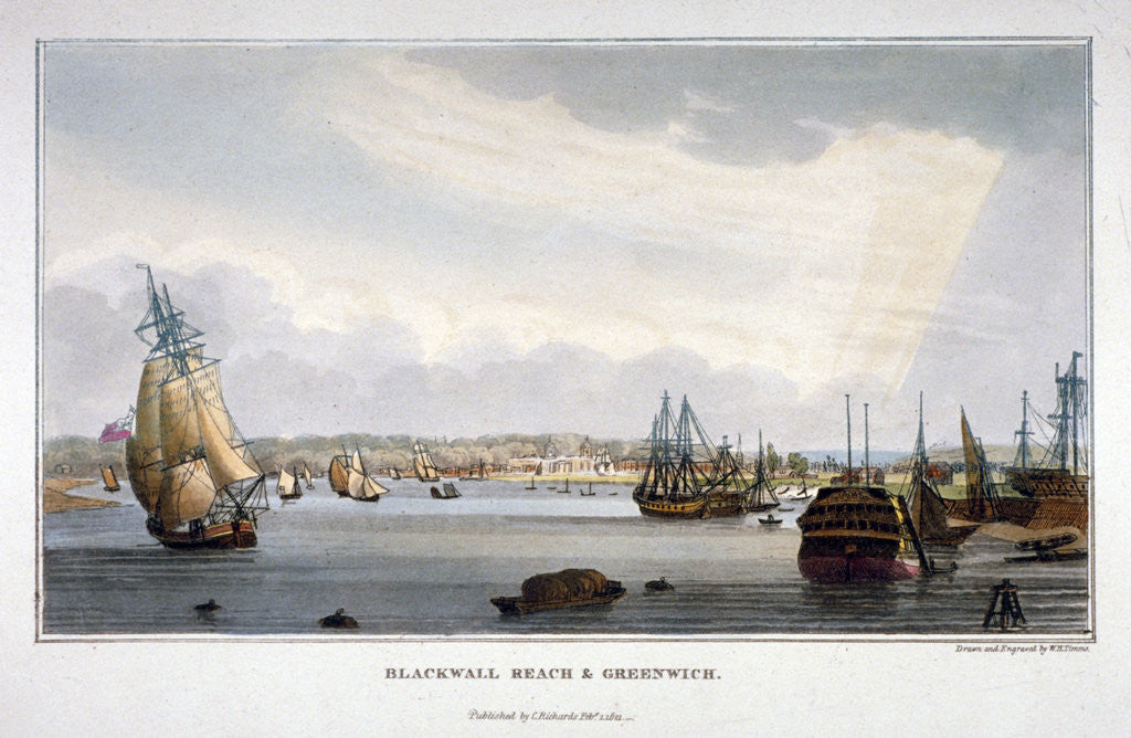 Detail of View of water vessels on the River Thames showing Blackwall and Greenwich, London by WH Timms