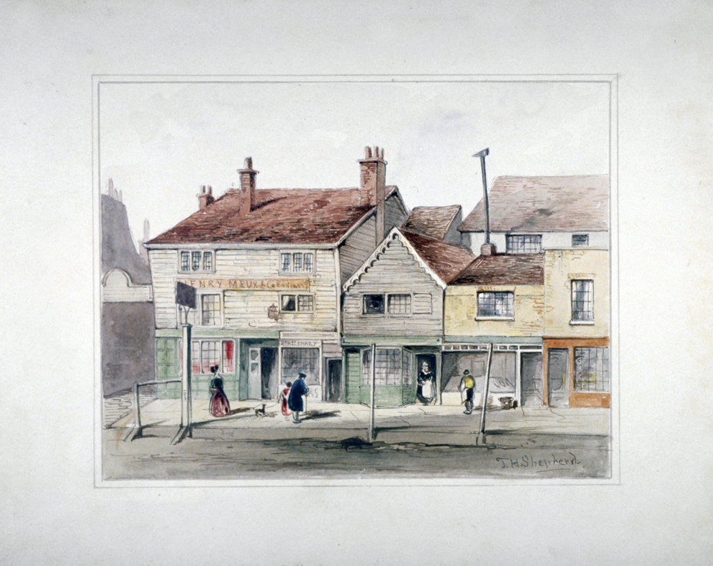 Detail of The Hare and Hounds Inn and shopfronts on Upper Street, Islington, London by Thomas Hosmer Shepherd