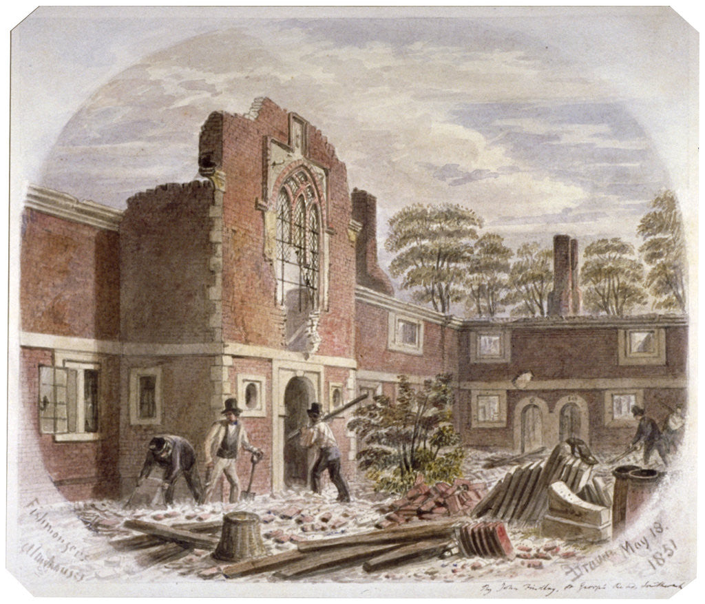 Detail of Men demolishing St Peter's Hospital, Southwark, London by James Findlay