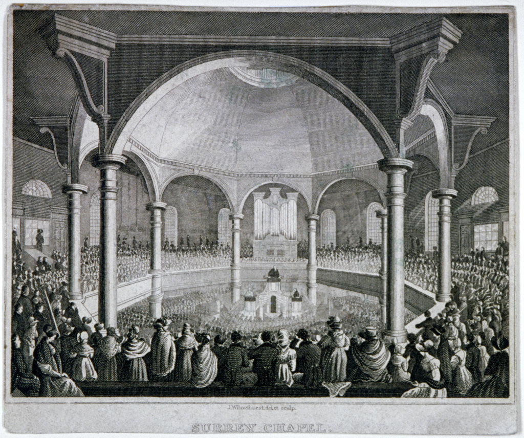 Detail of Interior view of Surrey Chapel with a service taking place, Southwark, London by J Wilmshurst