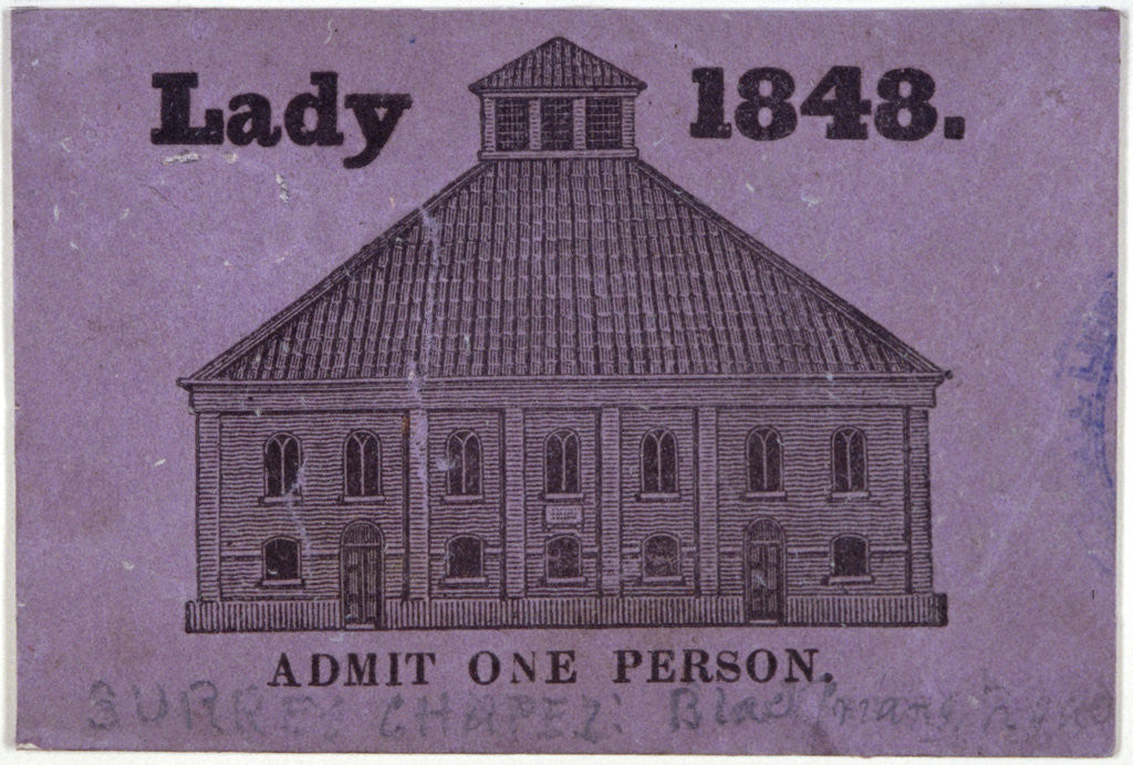Detail of A ticket of admission for a lady to Surrey Chapel, Blackfriars Road, Southwark, London by Anonymous