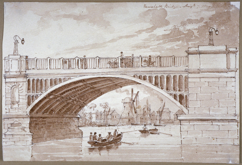 Detail of View of a small boat passing underneath Vauxhall Bridge, London by DHC