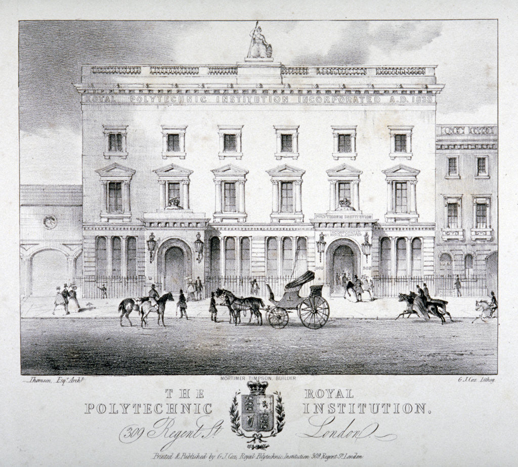 Detail of View of Regent Street Polytechnic with horse-drawn vehicles in front, London by GJ Cox