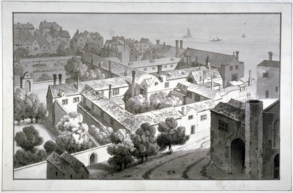 Detail of Bird's-eye view of the Bishop of Winchester's palace, Southwark, London by George Shepherd