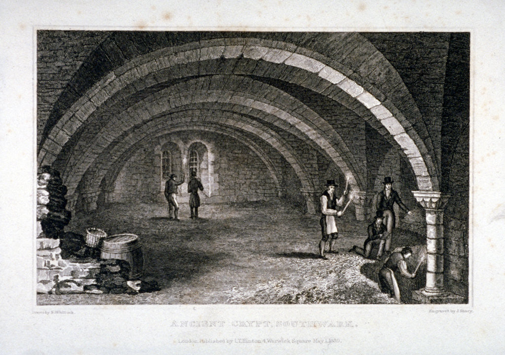 Detail of Interior view of the crypt, St Saviour's Church, Southwark, London by J Shury
