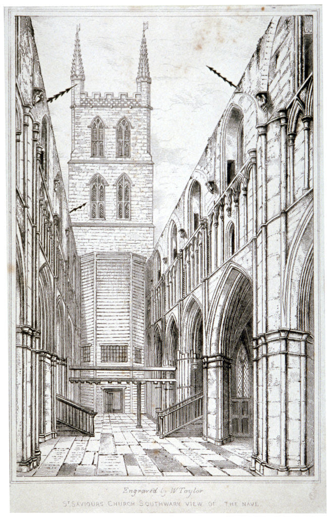 Detail of View of the nave, St Saviour's Church, Southwark, London by W Taylor