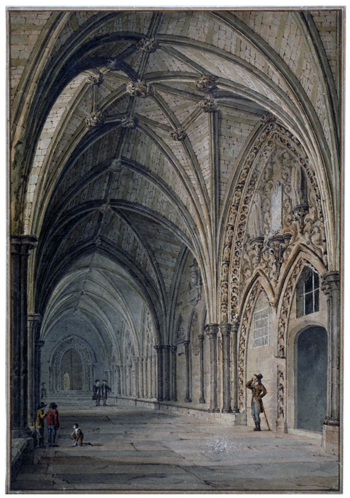 Detail of Interior view of the cloisters in Westminster Abbey, London by John Chessell Buckler
