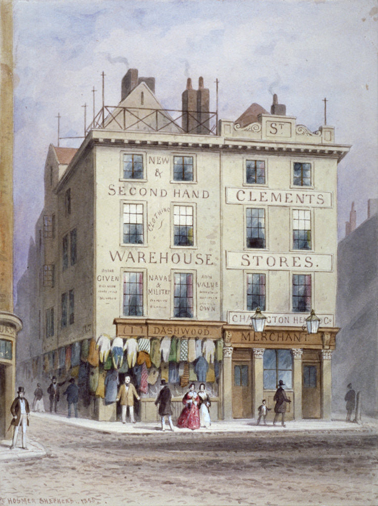 Detail of Clement's Stores at the junction of Holywell Street and Wych Street, Westminster, London by Thomas Hosmer Shepherd