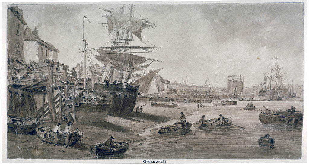 Detail of Old houses and boats on the riverbank at low tide, Greenwich, London by Anonymous