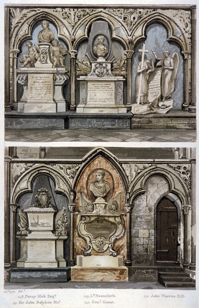 Detail of Monuments in the west aisle of  Westminster Abbey's north transept, London by Augustus Charles Pugin