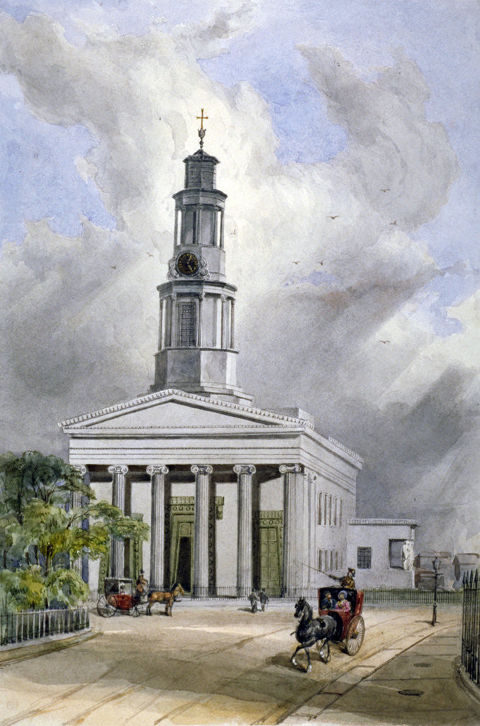 Detail of View of St Pancras New Church with carriages on Euston Road, London by W Guest