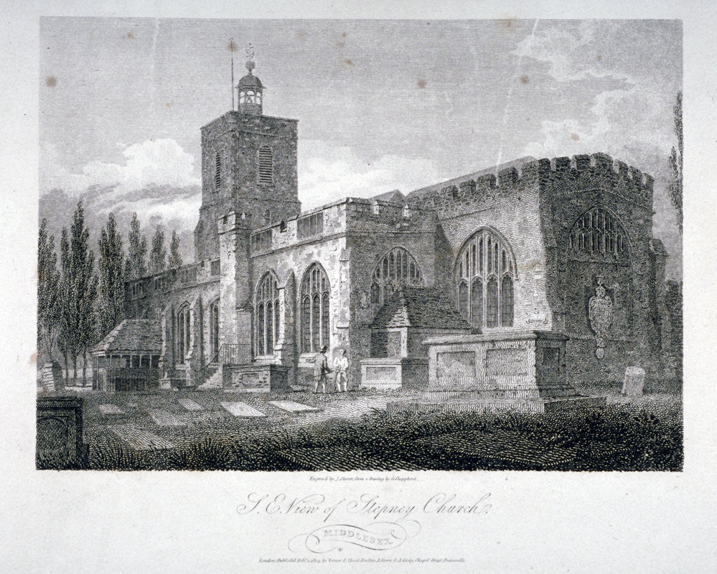 Detail of South-east view of the Church of St Dunstan, Stepney, London by James Sargant Storer