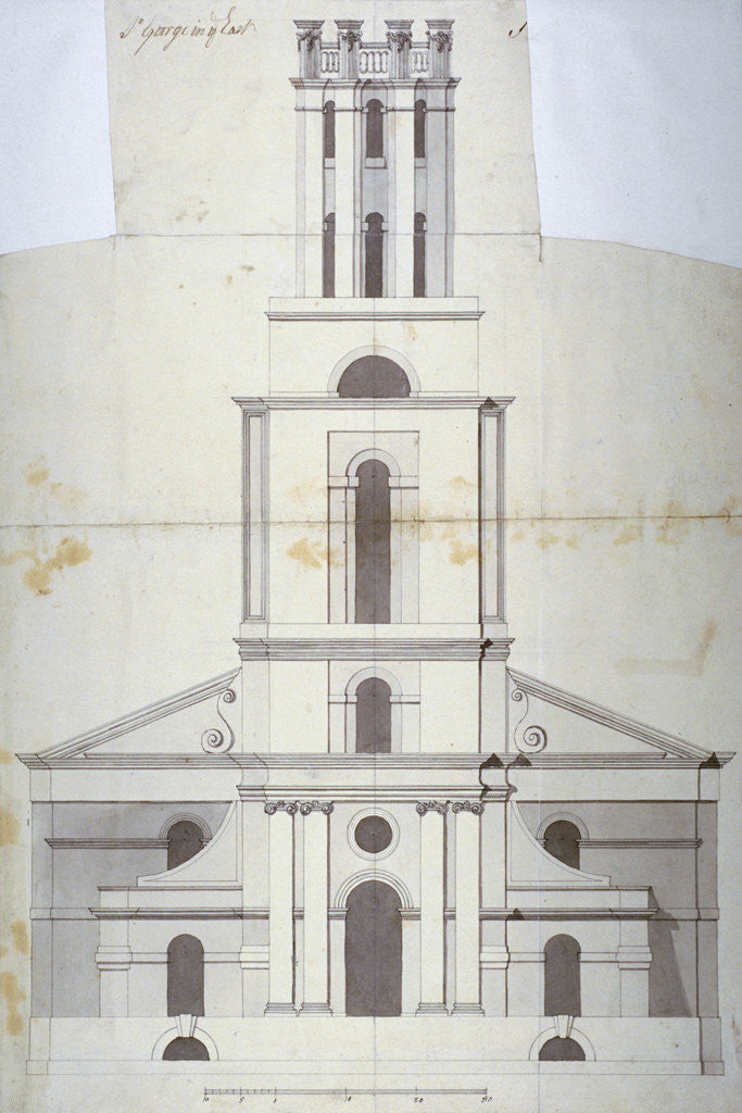 Detail of Front elevation of the Church of St George in the East, Stepney, London by Anonymous