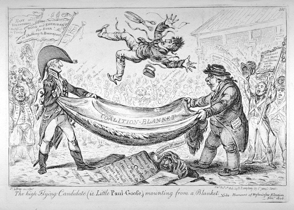 Detail of The high-flying candidate, (ie Little Paul-Goose), mounting from a blanket by James Gillray