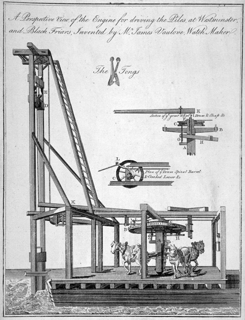 Detail of Perspective view of the engine used for driving the piles of Westminster Bridge, London by Anonymous