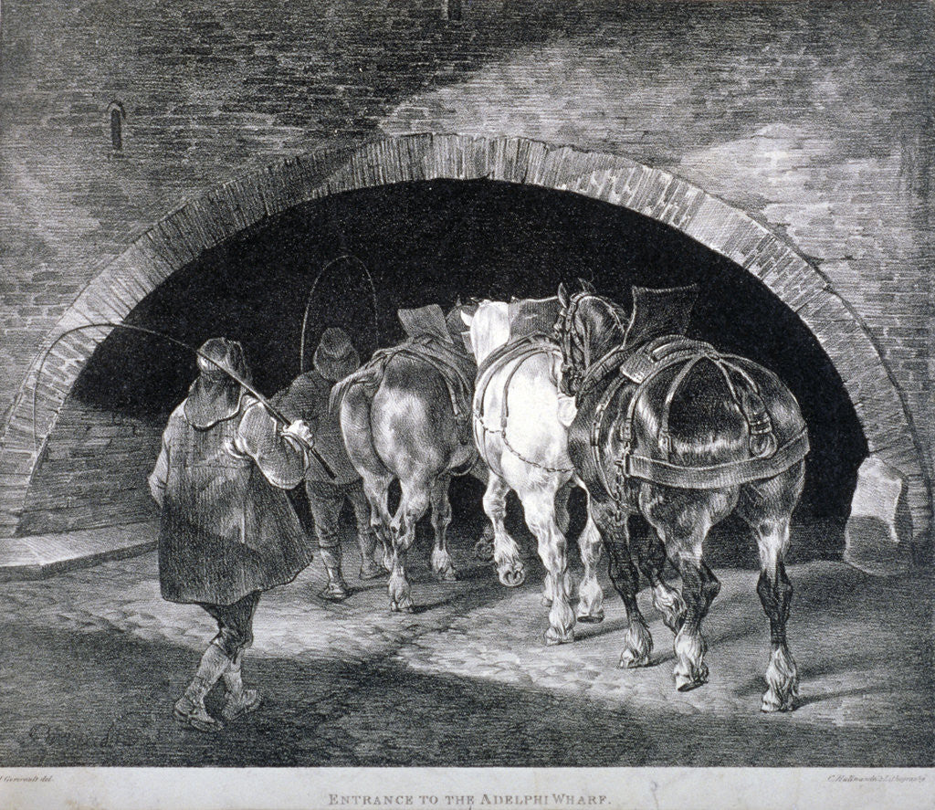 Detail of Entrance to the Adelphi wharf showing work horses and two men, Westminster, London by Charles Joseph Hullmandel
