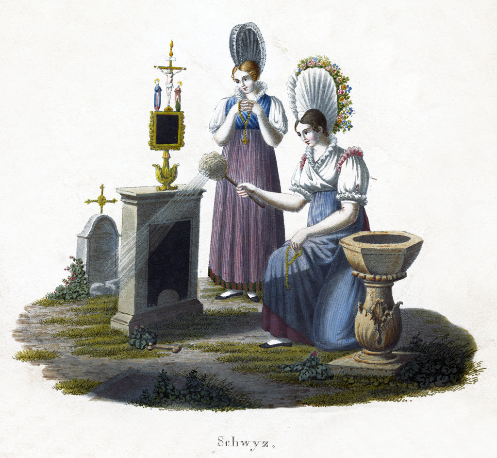 Detail of Two women standing before a headstone in a graveyard by Anonymous