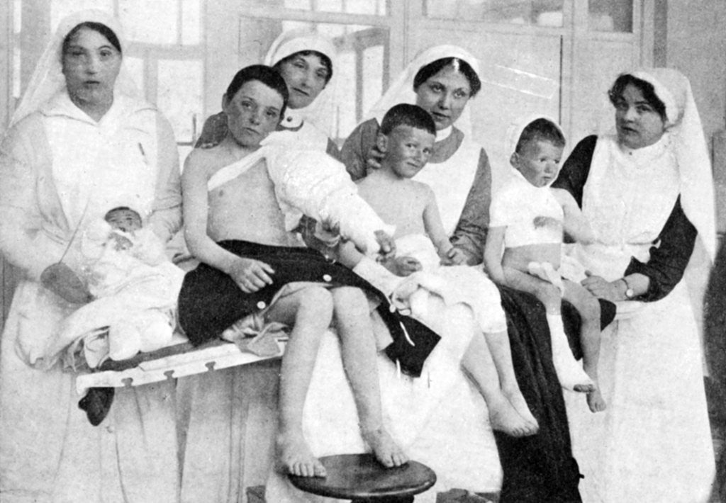 Detail of Wounded children from Ypres with nurses at La Panne, Belgium, First World War by Anonymous