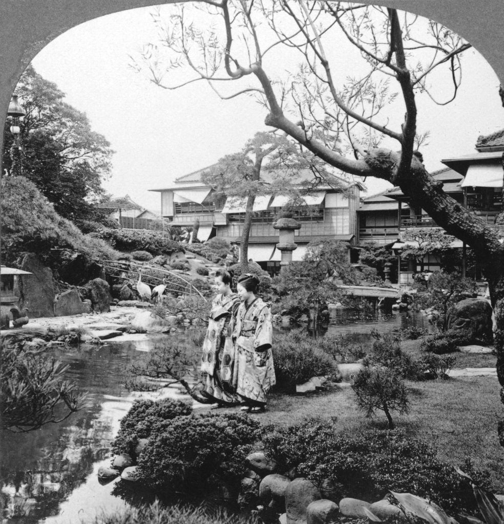 Detail of Japanese maids in a garden by BL Singley
