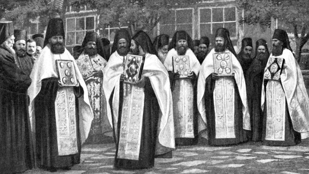 Detail of Monks of the Greek church carrying volumes of the Liturgy, Greece by Anonymous