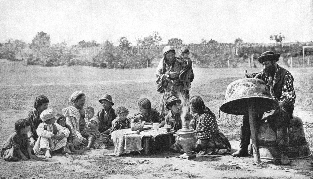 Detail of Gypsies mending a family cauldron, Hungary by AW Cutler