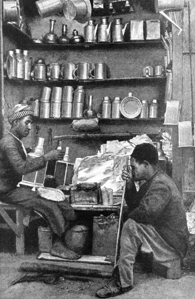 Detail of Tinsmiths in a tinsmith's shop, India by R Gorbold