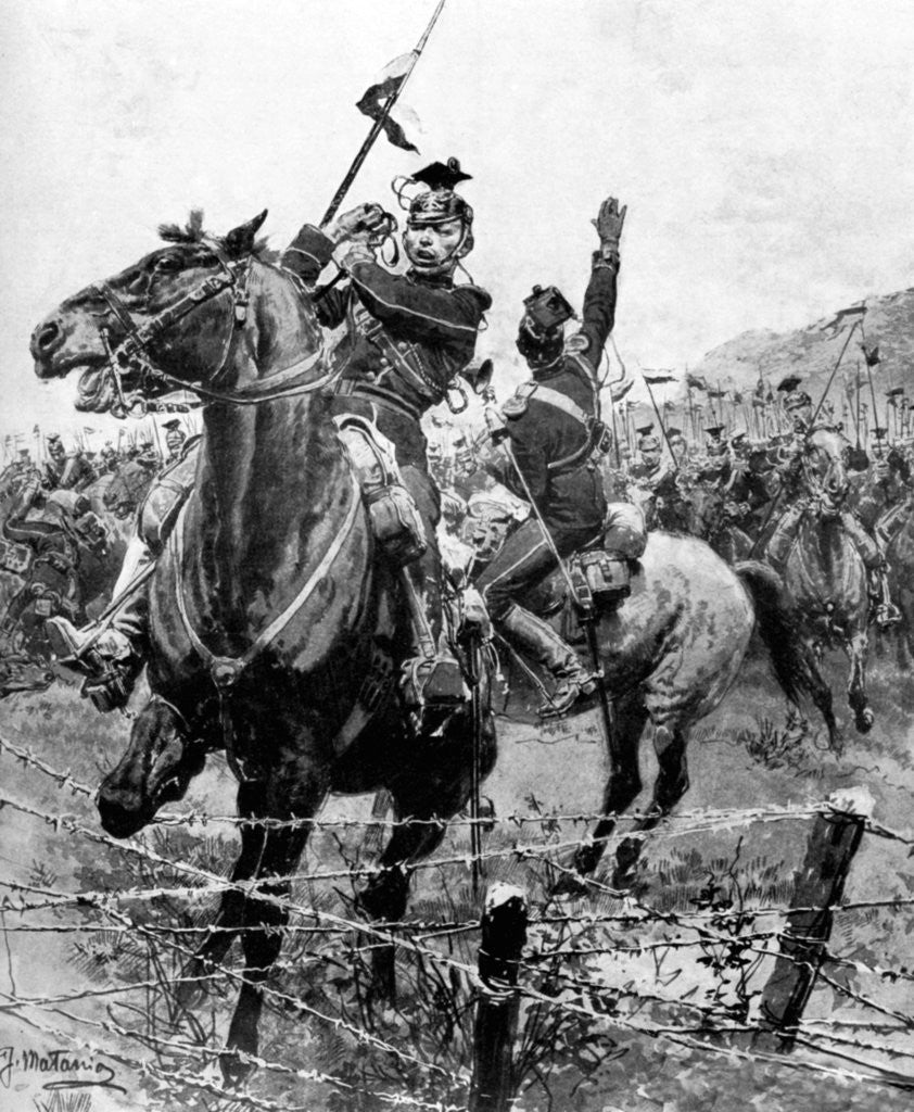Detail of Uhlans checked by barbed wire near Liege, Belgium, First World War by Anonymous