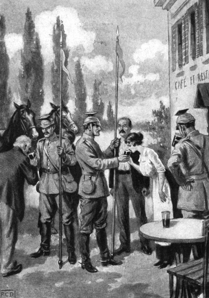 Detail of 'Uhlans demanding refreshments from Belgian villagers', First World War by Anonymous