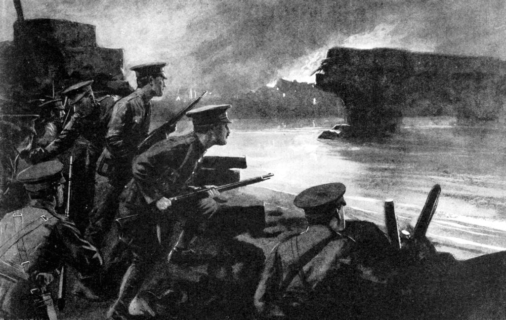 Detail of British troops on riverbank prepared for German advance, Belgium, First World War by Anonymous