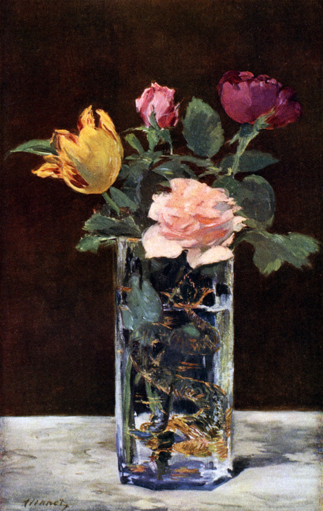 Detail of Still life with roses and tulips in a dragon vase by Edouard Manet