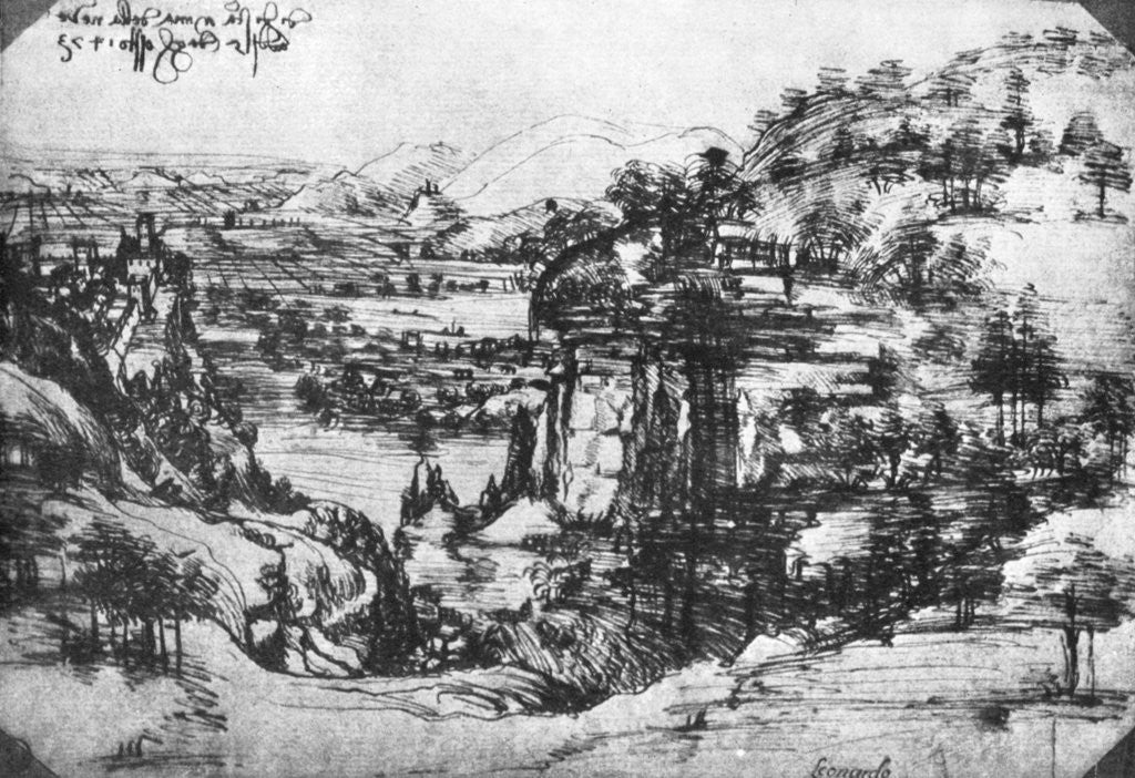 Detail of A sketch of a countryside view by Leonardo Da Vinci