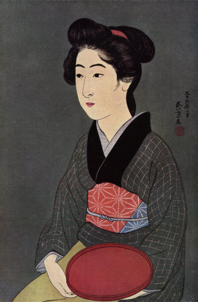 Detail of A Japanese waitress with a tray by Hashiguchi Goyo