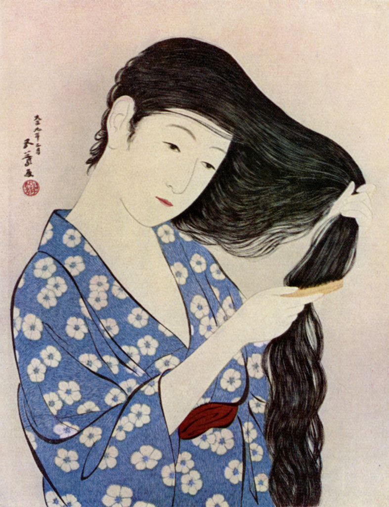Detail of A Japanese woman combing her hair by Hashiguchi Goyo
