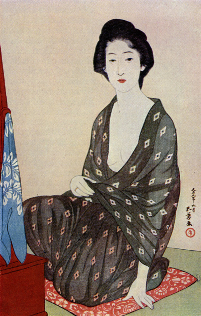 Detail of A Japanese woman wearing summer clothes by Hashiguchi Goyo