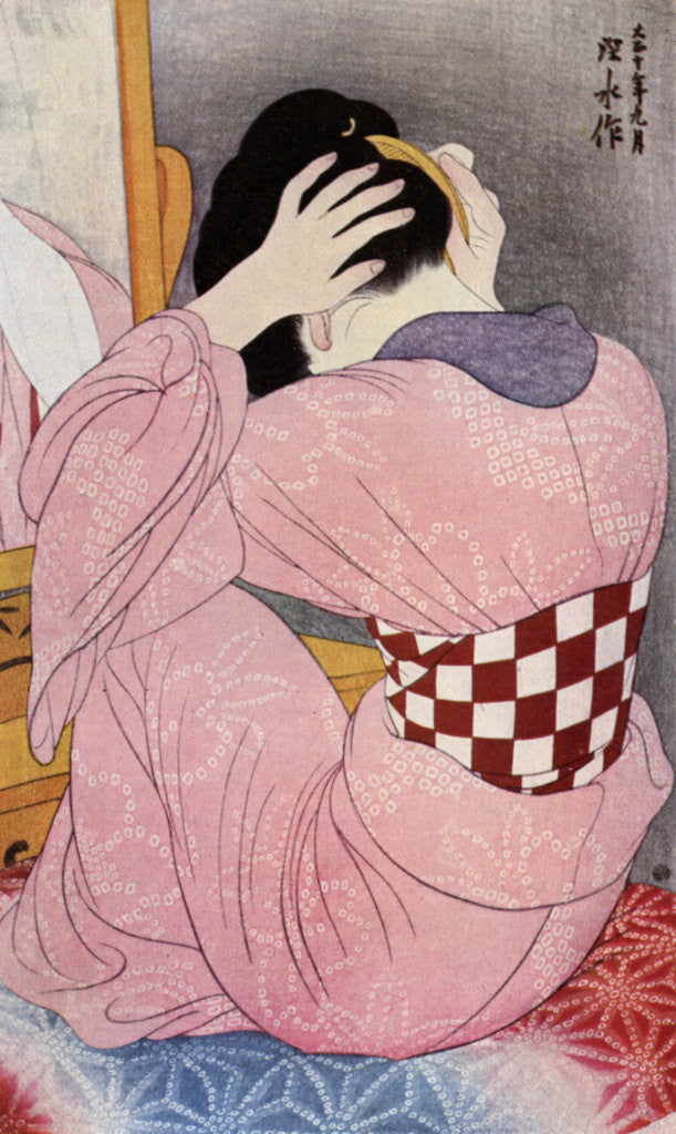 Detail of A Japanese woman dressing her hair by Hashiguchi Goyo