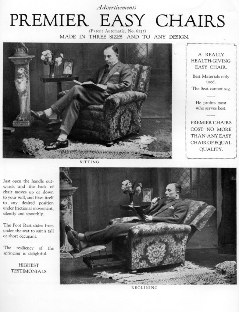 An advertisement for 'Premier' easy chairs by Anonymous