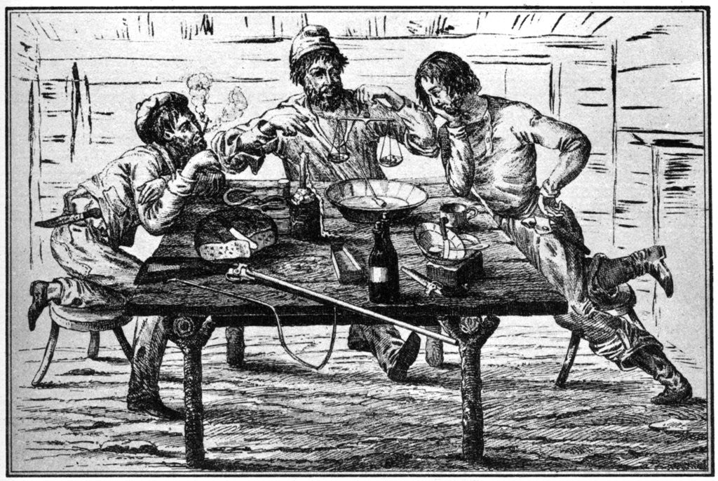 Detail of Miners weighing their gold by Britton & Rey