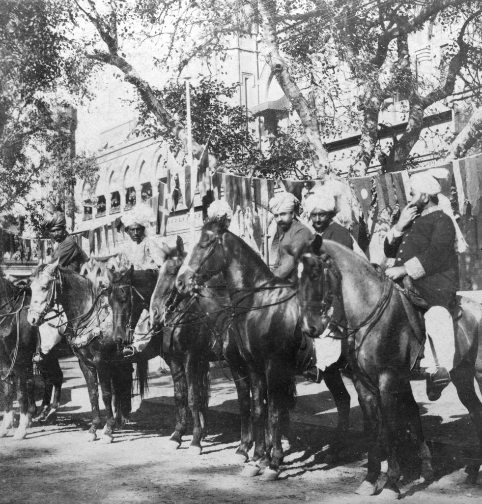 Detail of Punjabi horsemen outside the railway station at Delhi, India by H Hands & Son