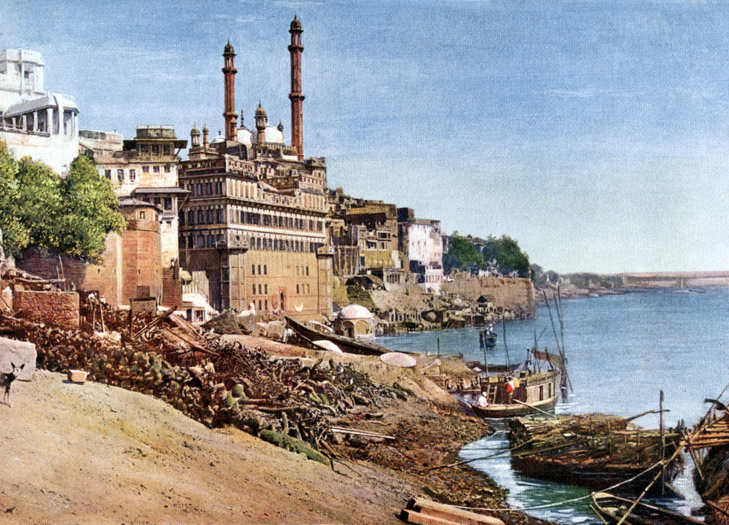 Detail of The river Ganges and the Burning Ghats at Benares (Varanasi), India by Anonymous