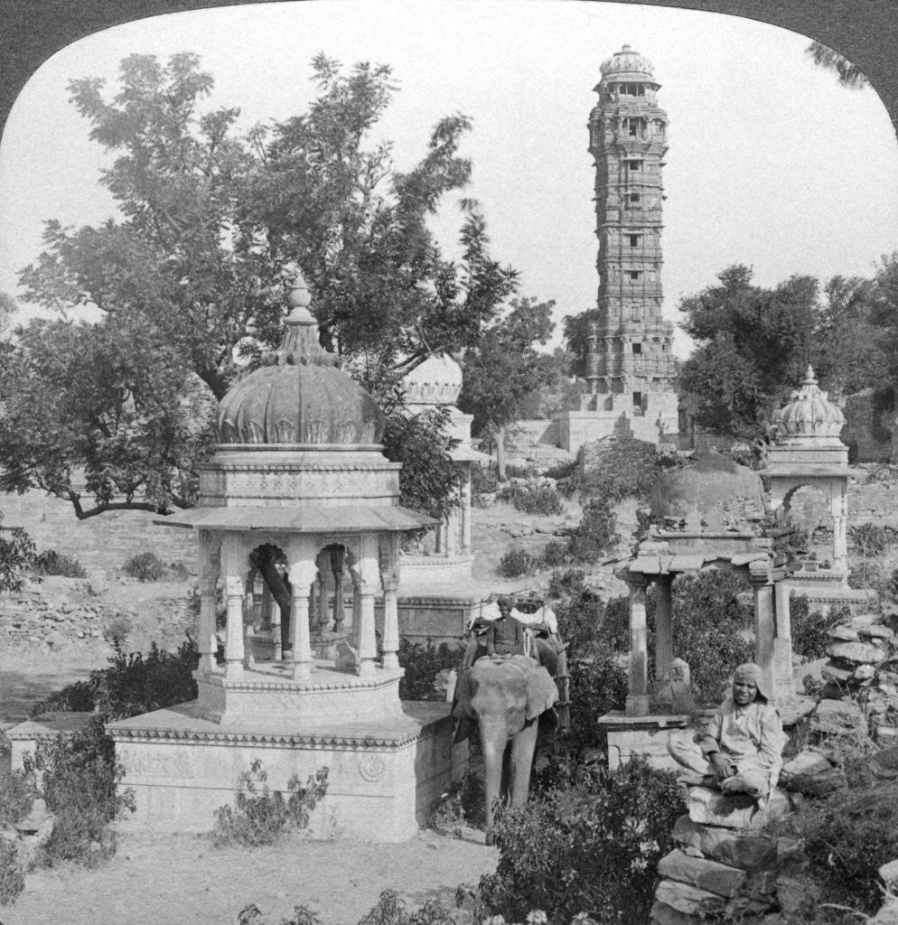 Detail of Tower of Victory amd royal cenotaphs, Chittaurgarh, India by Underwood & Underwood