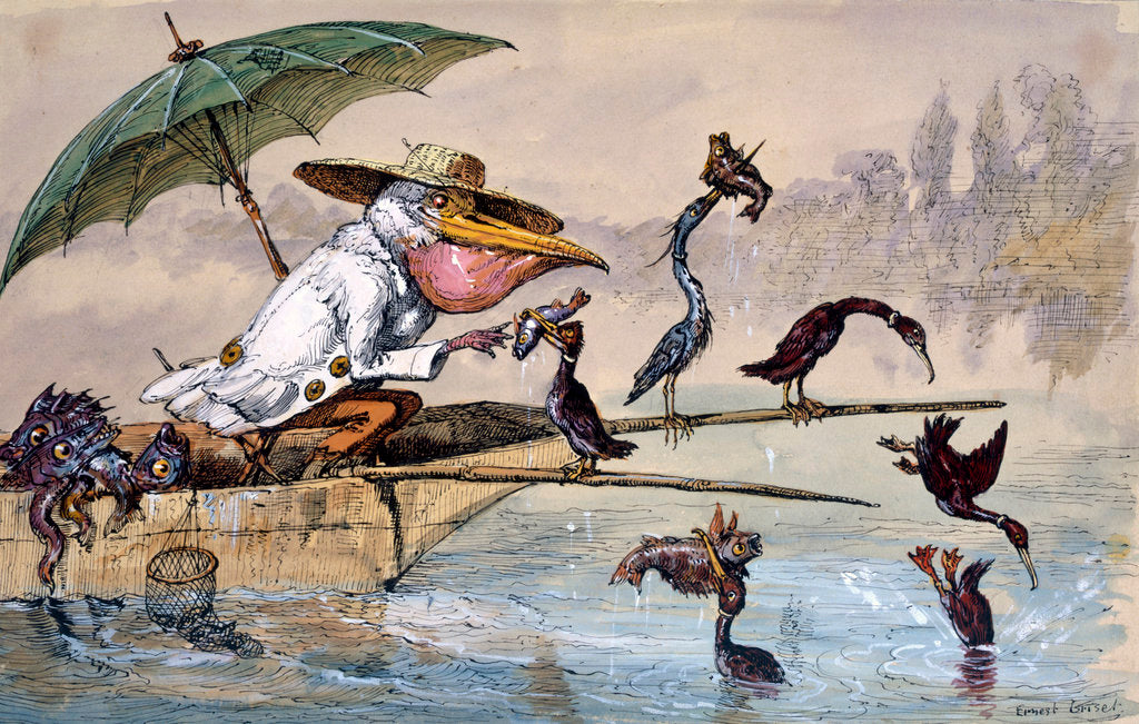 Detail of Cormorants presenting fish to a pelican in a punt under an umbrella by Ernest Henry Griset