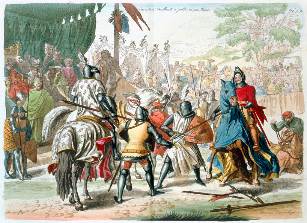 Detail of Knights duelling on foot in a tournament by G Lago