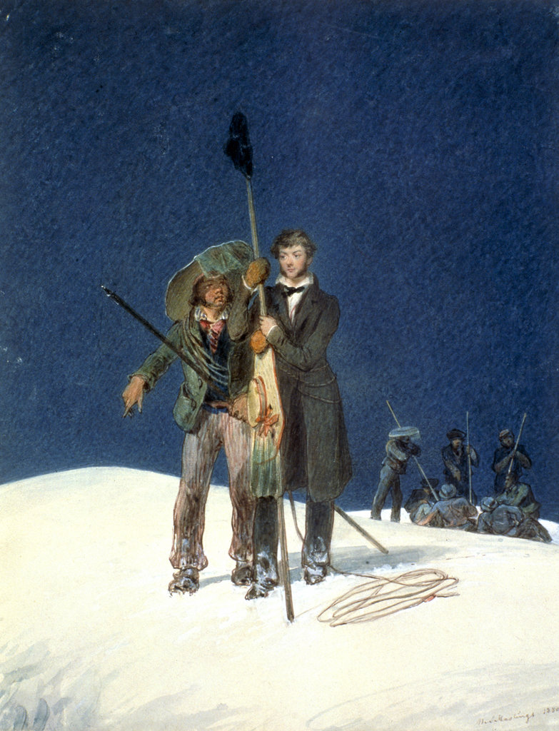 Detail of Charles Fellows with William Hawes, plants a baton on the summit of Mont Blanc by WS Hastings
