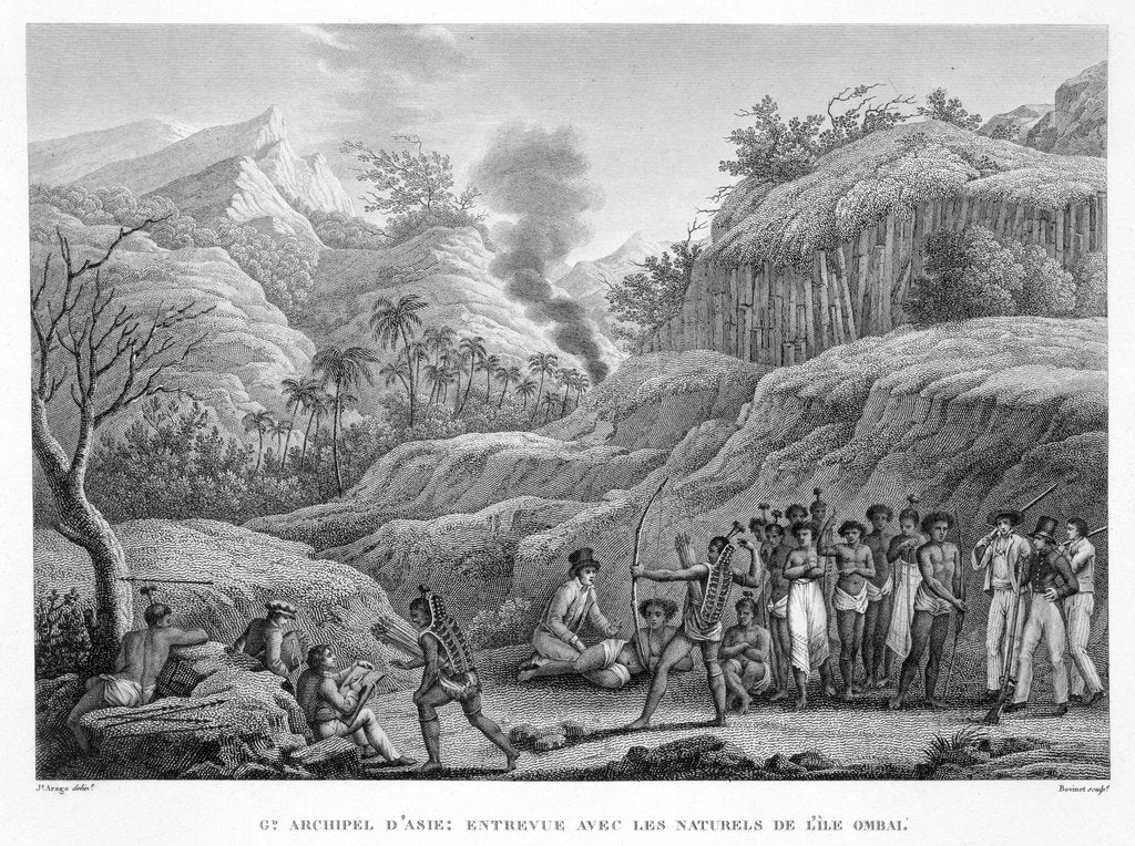 Detail of Great Asian Archipelago: French explorers with natives on the Island of Ombai by Edme Bovinet