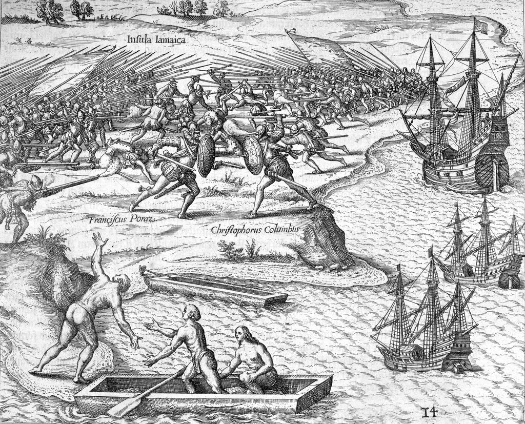 Detail of Battle in Jamaica between Christopher Columbus and Francisco Poraz by Theodore de Bry